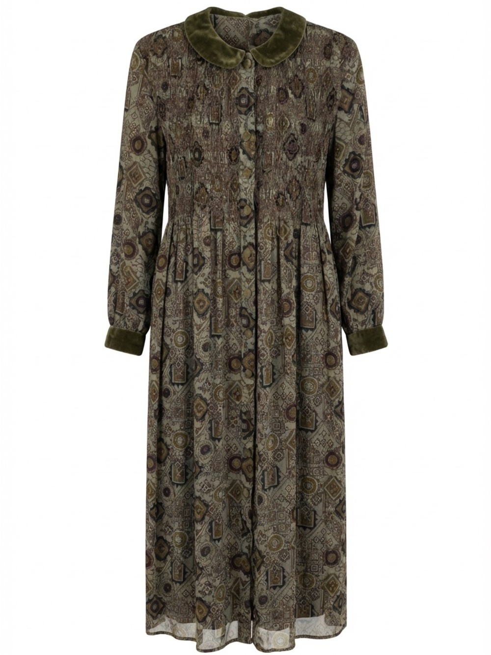 karin stevens VTG Smocked Olive Green  Long-Sleeve Midi Dress with Velvet Collar